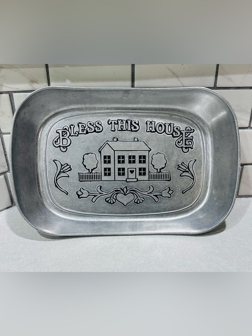 Vtg Bless This House  Bread/Food Tray or Kitchen Decor Wilton Armetale Aluminum